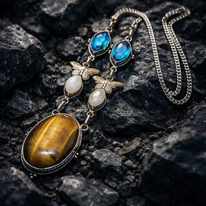 Tiger’s Eye Statement Necklace – Butterfly & Blue Stone  Style 925 Signed